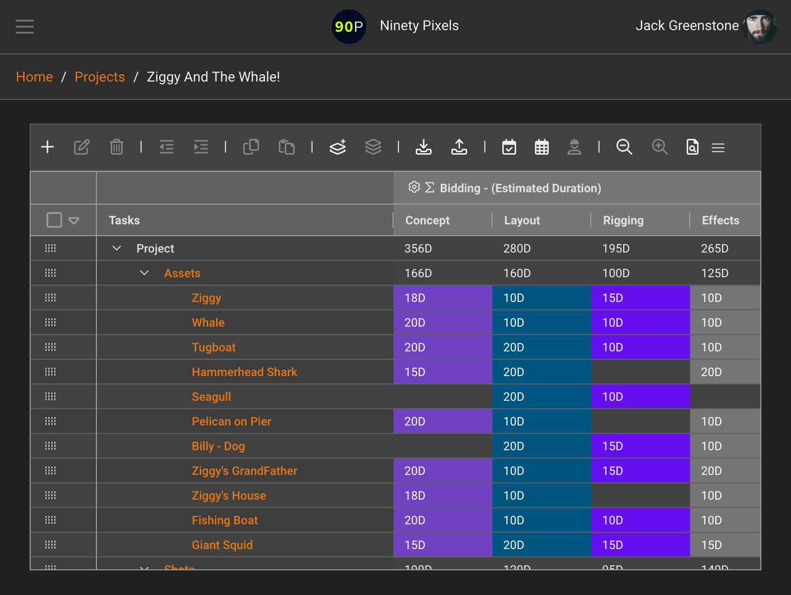 Projectal Task Sheet - Spreadsheet View